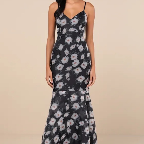 Lulus Pure Splendor black floral trumpet dress - Picture 2 of 4